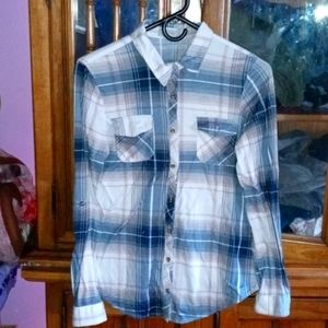 White button up with pink and blue strips